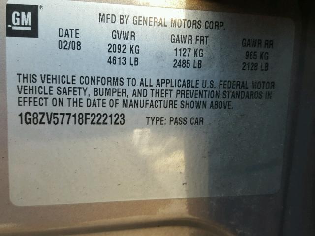 1G8ZV57718F222123 - 2008 SATURN AURA XR TAN photo 10