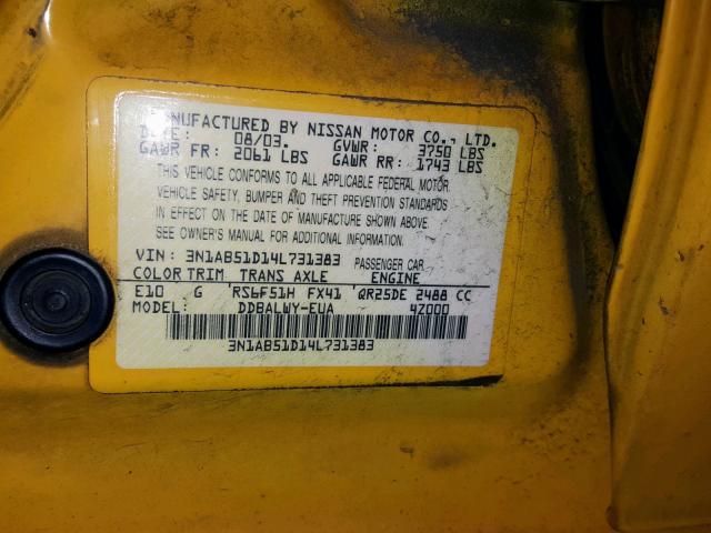 3N1AB51D14L731383 - 2004 NISSAN SENTRA SE- YELLOW photo 10