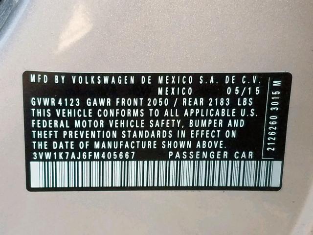 3VW1K7AJ6FM405667 - 2015 VOLKSWAGEN JETTA BASE 银色 照片 10