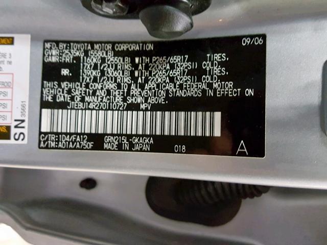 JTEBU14R270110727 - 2007 TOYOTA 4RUNNER SR SILVER photo 10