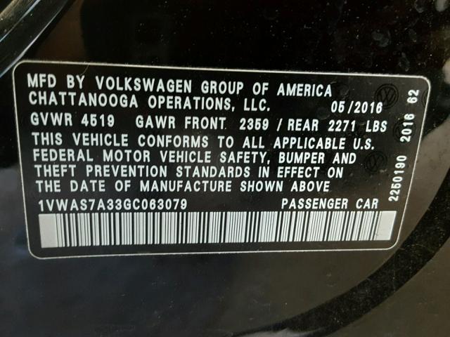 1VWAS7A33GC063079 - 2016 VOLKSWAGEN PASSAT S BLACK photo 10