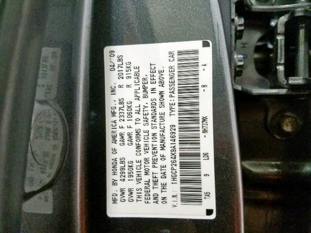 1HGCP264X9A146929 - 2009 HONDA ACCORD LXP GRAY photo 10