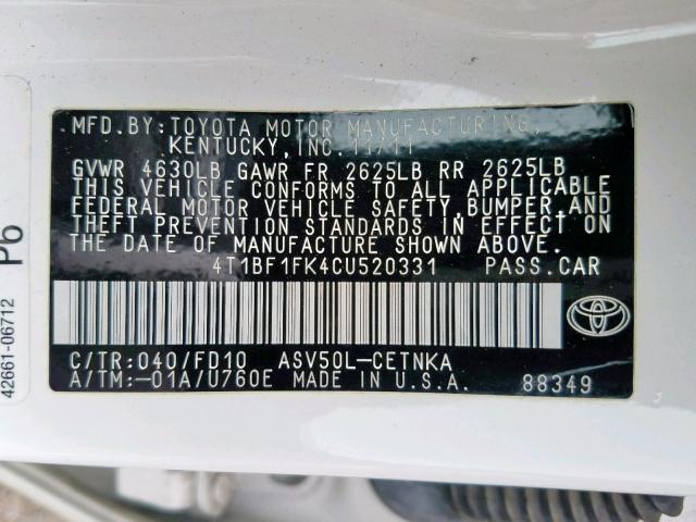 4T1BF1FK4CU520331 - 2012 TOYOTA CAMRY BASE WHITE photo 10