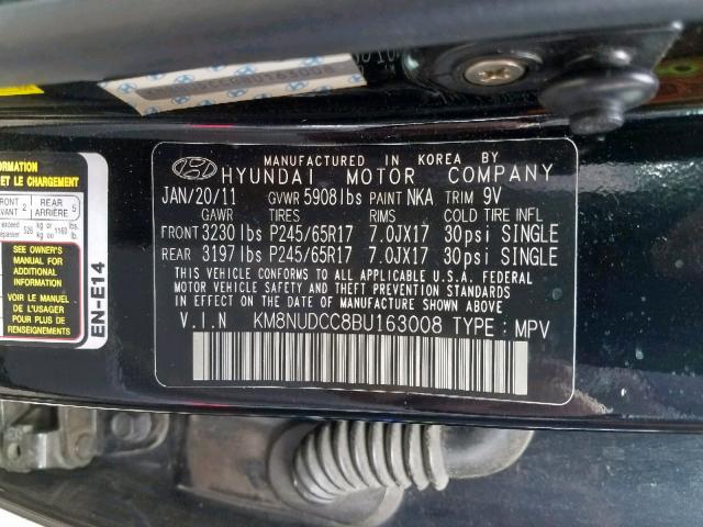 KM8NUDCC8BU163008 - 2011 HYUNDAI VERACRUZ G BLACK photo 10