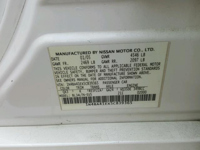 1N4BA41EX5C839365 - 2005 NISSAN MAXIMA SE WHITE photo 10