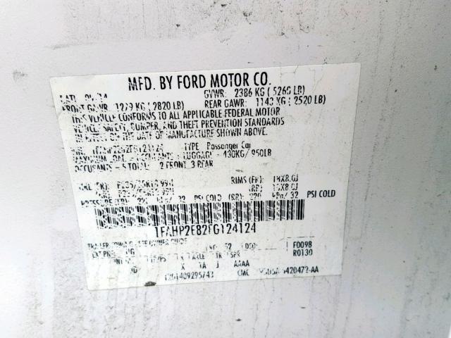 1FAHP2E82FG124124 - 2015 FORD TAURUS SEL WHITE photo 10