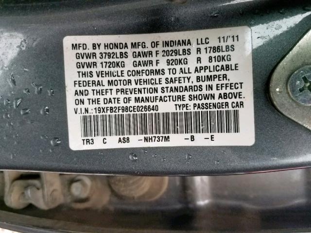 19XFB2F98CE026640 - 2012 HONDA CIVIC EXL 灰色 照片 10