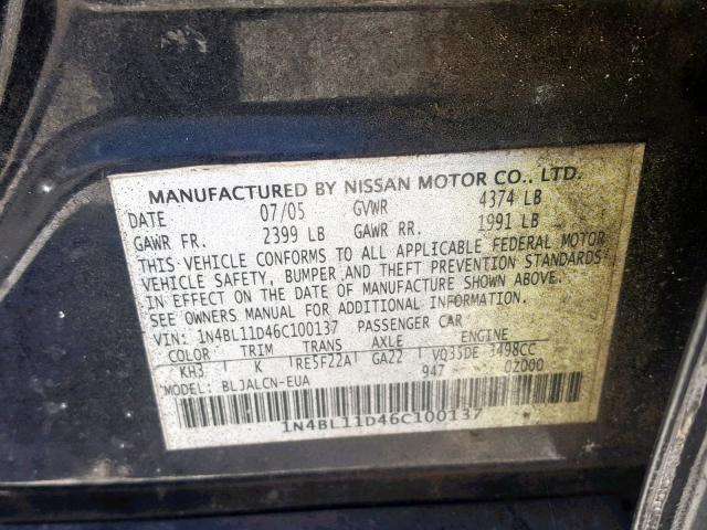 1N4BL11D46C100137 - 2006 NISSAN ALTIMA SE BLACK photo 10