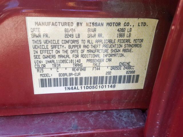 1N4AL11D05C101148 - 2005 NISSAN ALTIMA S RED photo 10