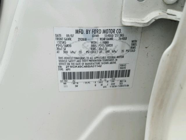 2FMDK49C48BA01142 - 2008 FORD EDGE LIMIT WHITE photo 10