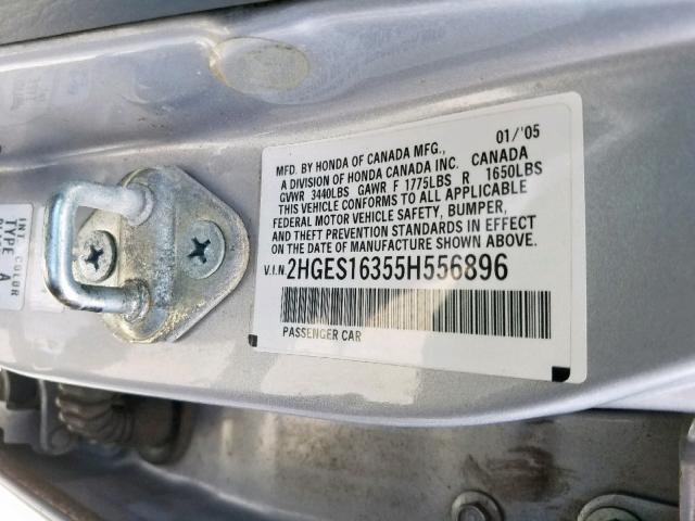 2HGES16355H556896 - 2005 HONDA CIVIC DX V SILVER photo 10