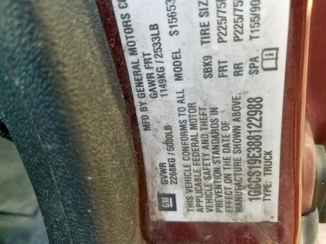 1GCCS19E388122988 - 2008 CHEVROLET COLORADO BURGUNDY photo 10