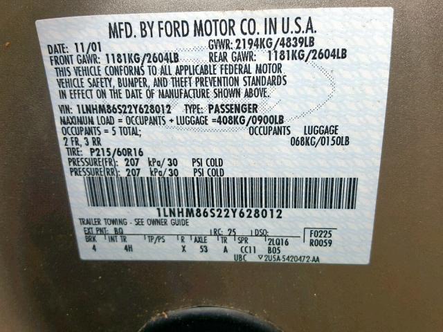 1LNHM86S22Y628012 - 2002 LINCOLN LS ოქროსფერი ფოტო 10