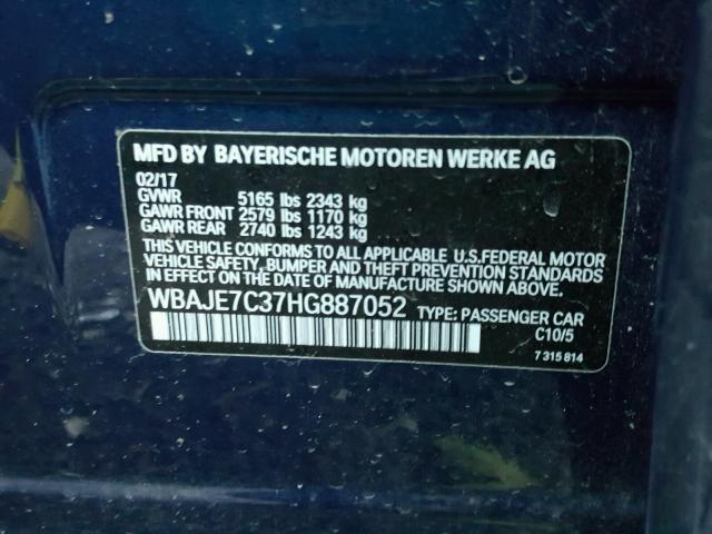 WBAJE7C37HG887052 - 2017 BMW 540 XI BLUE photo 10