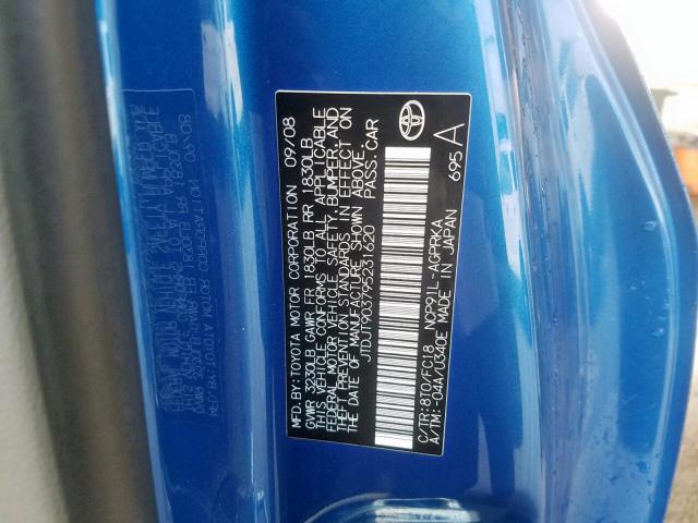 JTDJT903795231620 - 2009 TOYOTA YARIS BLUE photo 10