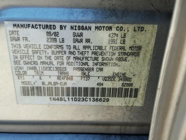 1N4BL11D23C136629 - 2003 NISSAN ALTIMA SE SILVER photo 10