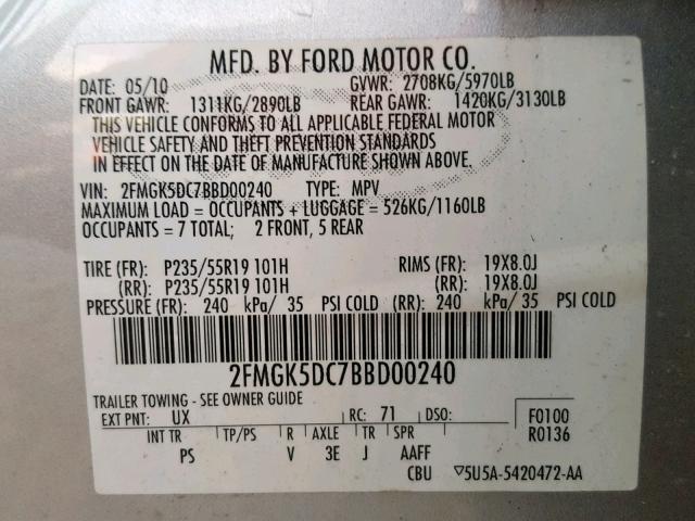 2FMGK5DC7BBD00240 - 2011 FORD FLEX LIMIT SILVER photo 10