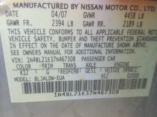 1N4BL21E37N467308 - 2007 NISSAN ALTIMA 3.5 SILVER photo 10