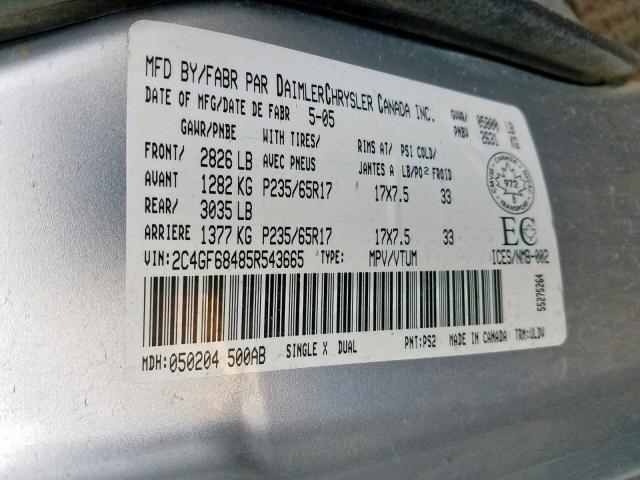 2C4GF68485R543665 - 2005 CHRYSLER PACIFICA T SILVER photo 10