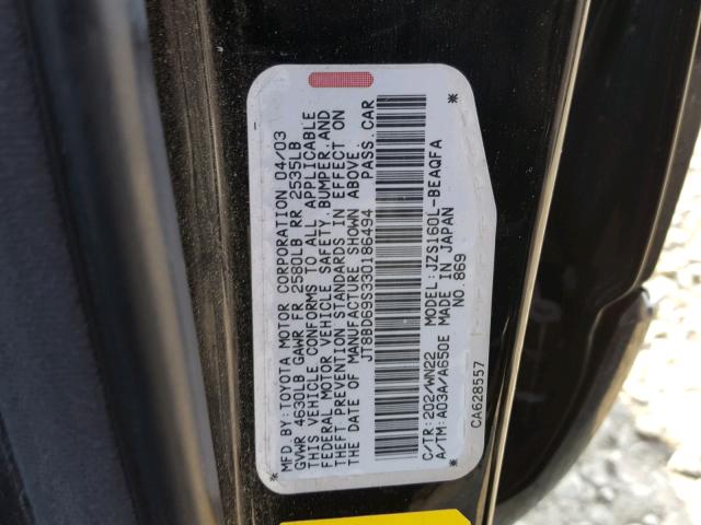 JT8BD69S330186494 - 2003 LEXUS GS 300 BLACK photo 10