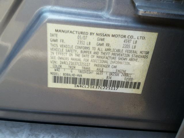 1N4CL21E37C225117 - 2007 NISSAN ALTIMA HYB SILVER photo 10