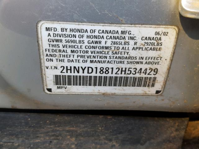 2HNYD18812H534429 - 2002 ACURA MDX TOURIN SILVER photo 10