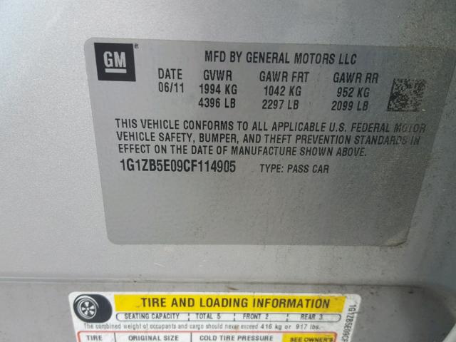 1G1ZB5E09CF114905 - 2012 CHEVROLET MALIBU LS ვერცხლისფერი ფოტო 10