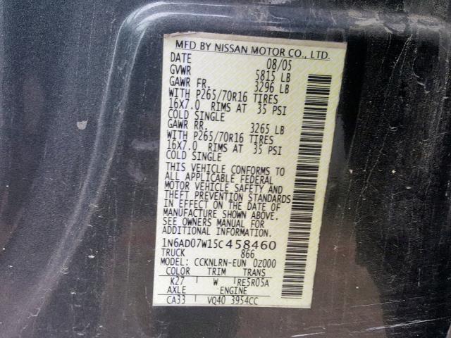 1N6AD07W15C458460 - 2005 NISSAN FRONTIER C GRAY photo 10