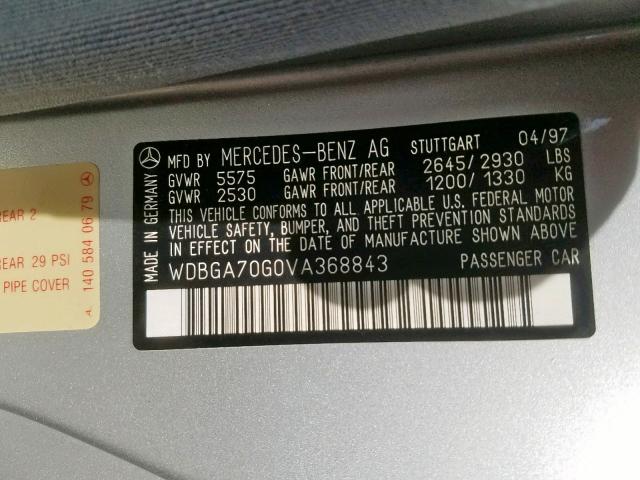 WDBGA70G0VA368843 - 1997 MERCEDES-BENZ S 500 GRAY photo 10