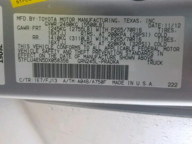 5TFLU4EN5DX058356 - 2013 TOYOTA TACOMA DOU Gümüş foto 10