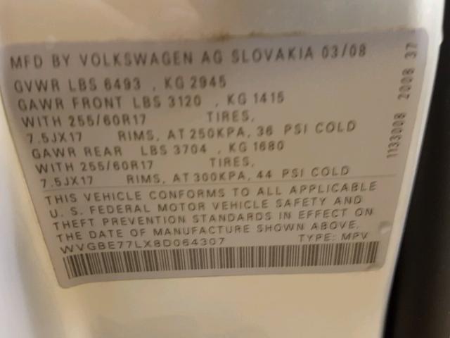 WVGBE77LX8D064307 - 2008 VOLKSWAGEN TOUAREG 2 SILVER photo 10