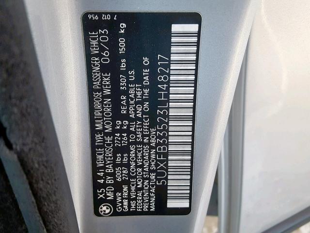 5UXFB33523LH48217 - 2003 BMW X5 4.4I SILVER photo 10