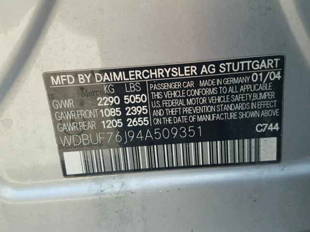 WDBUF76J94A509351 - 2004 MERCEDES-BENZ E 55 AMG GRAY photo 10