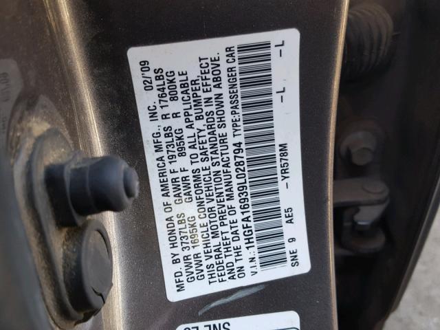 1HGFA16939L028794 - 2009 HONDA CIVIC EXL GRAY photo 10