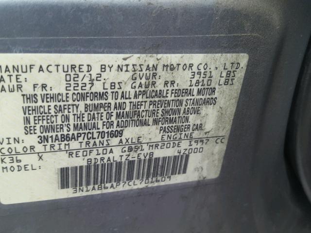 3N1AB6AP7CL701609 - 2012 NISSAN SENTRA 2.0 GRAY photo 10