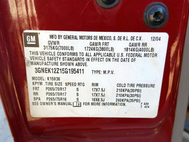 3GNEK12Z15G195411 - 2005 CHEVROLET AVALANCHE MAROON photo 10