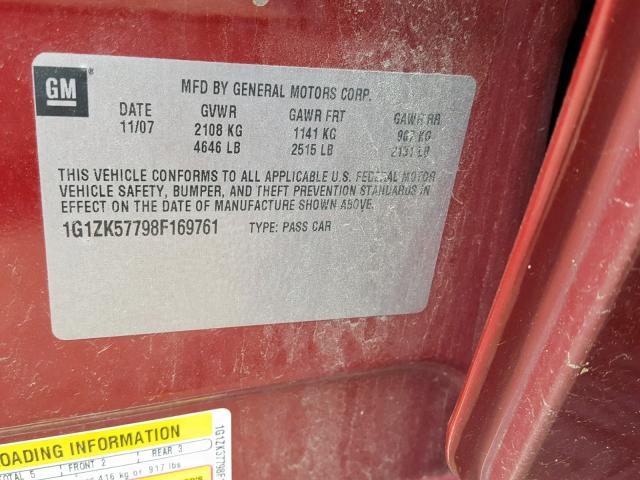 1G1ZK57798F169761 - 2008 CHEVROLET MALIBU LTZ წითელი ფოტო 10