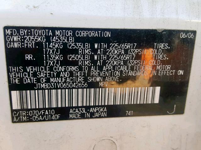 JTMBD31V065042656 - 2006 TOYOTA RAV4 LIMIT WHITE photo 10