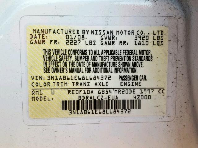 3N1AB61E68L684372 - 2008 NISSAN SENTRA 2.0 WHITE photo 10