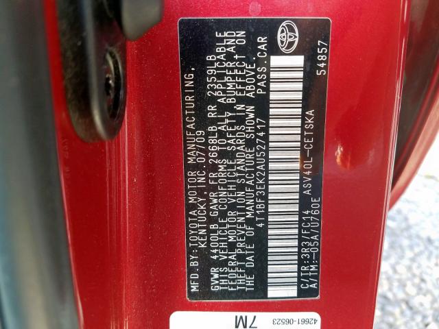 4T1BF3EK2AU527417 - 2010 TOYOTA CAMRY BASE RED photo 10