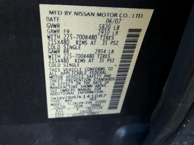 5N1BV28U97N141087 - 2007 NISSAN QUEST S GRAY photo 10