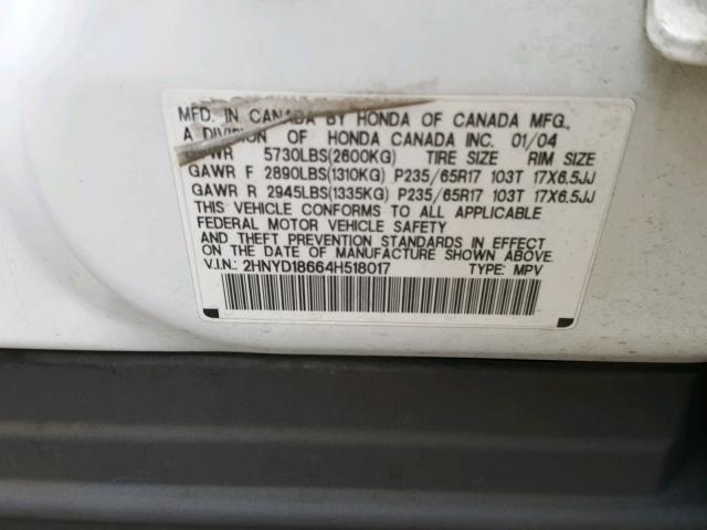 2HNYD18664H518017 - 2004 ACURA MDX TOURIN WHITE photo 10