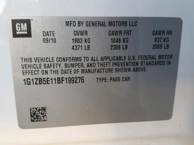 1G1ZB5E11BF199276 - 2011 CHEVROLET MALIBU LS 白色 照片 10