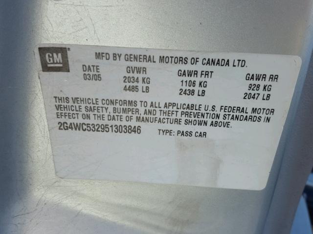 2G4WC532951303846 - 2005 BUICK LACROSSE C SILVER photo 10