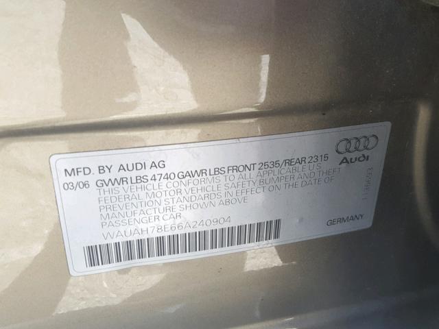 WAUAH78E66A240904 - 2006 AUDI A4 3.2 GOLD photo 10