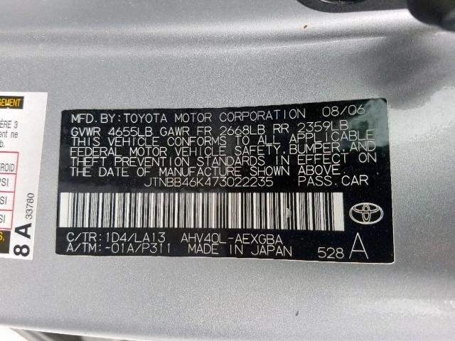 JTNBB46K473022235 - 2007 TOYOTA CAMRY HYBR SILVER photo 10