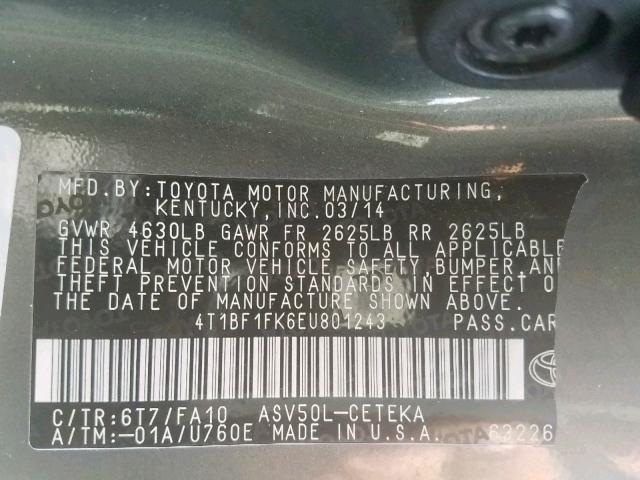 4T1BF1FK6EU801243 - 2014 TOYOTA CAMRY L GREEN photo 10