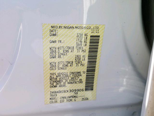 1N6BA0EC6CN309906 - 2012 NISSAN TITAN S WHITE photo 10