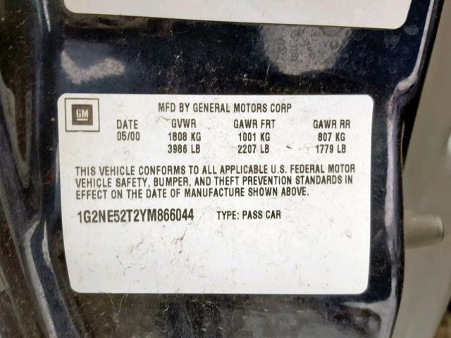 1G2NE52T2YM866044 - 2000 PONTIAC GRAND AM S BLUE photo 10