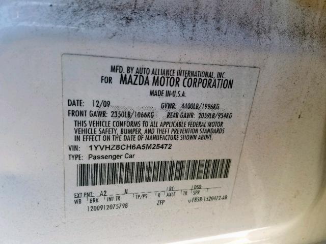 1YVHZ8CH6A5M25472 - 2010 MAZDA 6 I WHITE photo 10